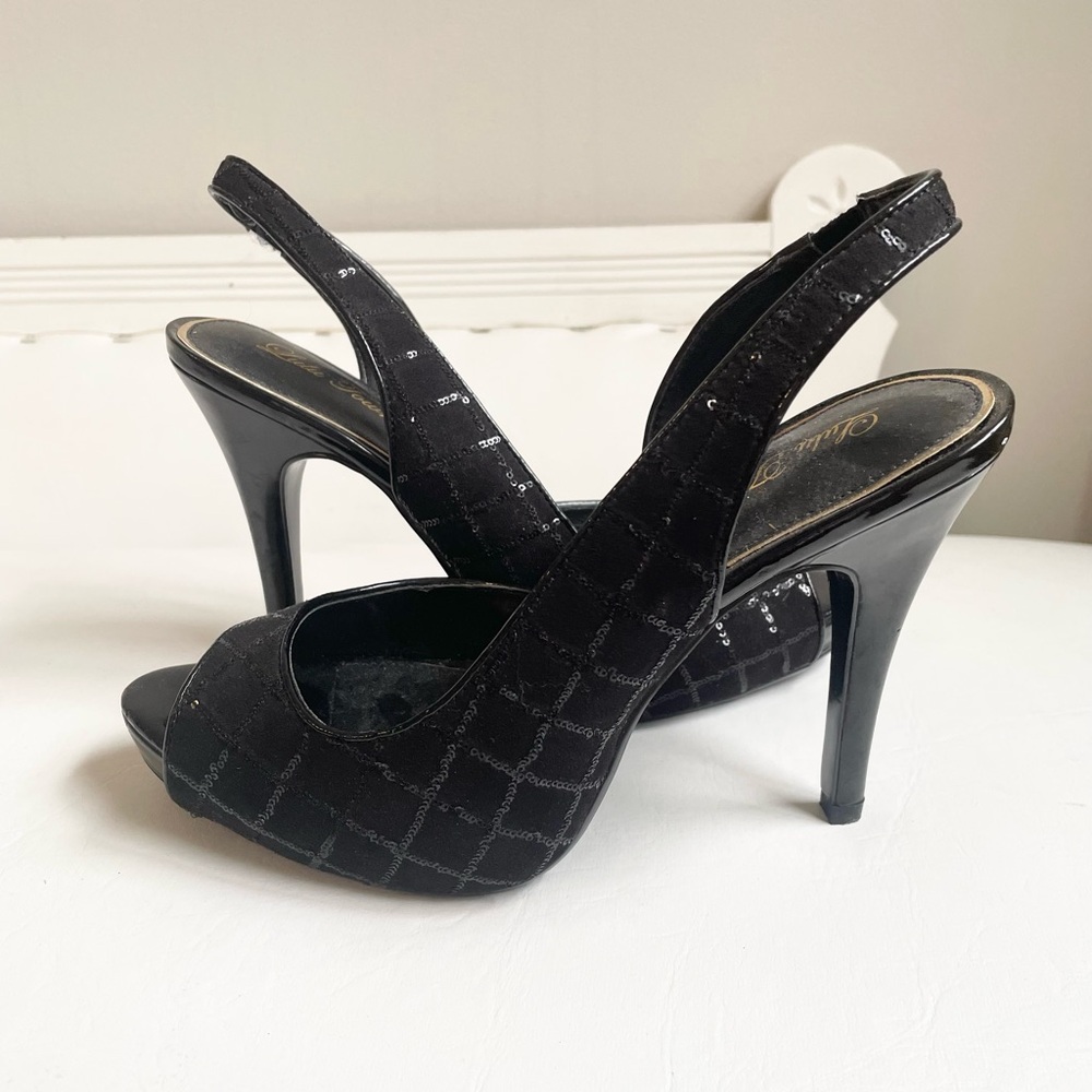 BLACK PATENT LEATHER SLINGBACK SEQUIN DIAMONDS HIGH HEEL SHOE OPEN TOE